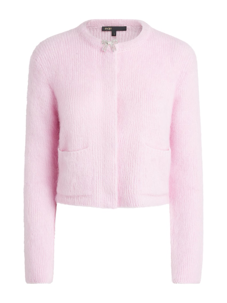 Maje Baby Pink Fuzzy Cropped Cardigan With Bow